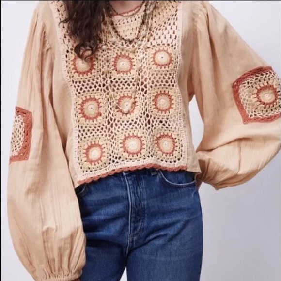 Zara Tops - Zara Linen Granny Square Crochet Medallion Front Balloon Sleeve Cropped Top XS